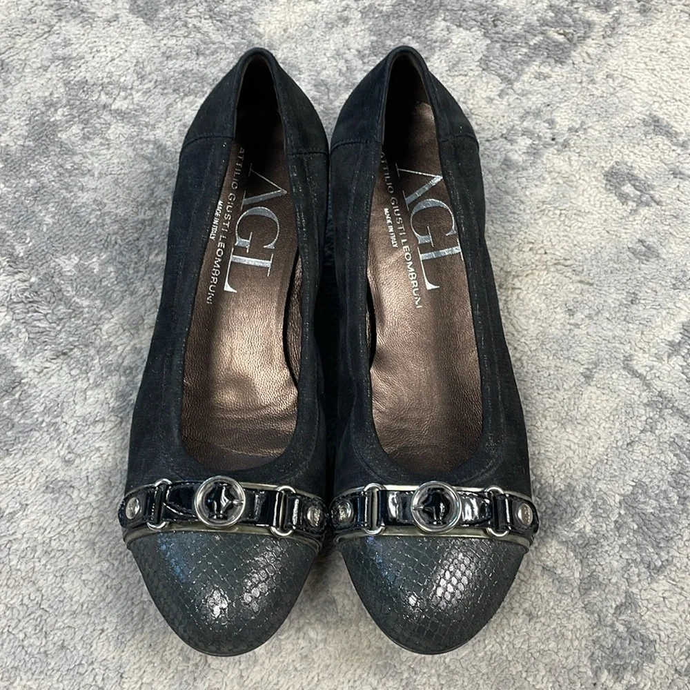 AGL Cap Toe Buckle Ballet Shoes Low Wedge Shimmer Silver Black Sz 39.5